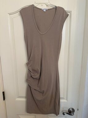 James Perse Taupe Ruched Cap-Sleeve Draped Dress